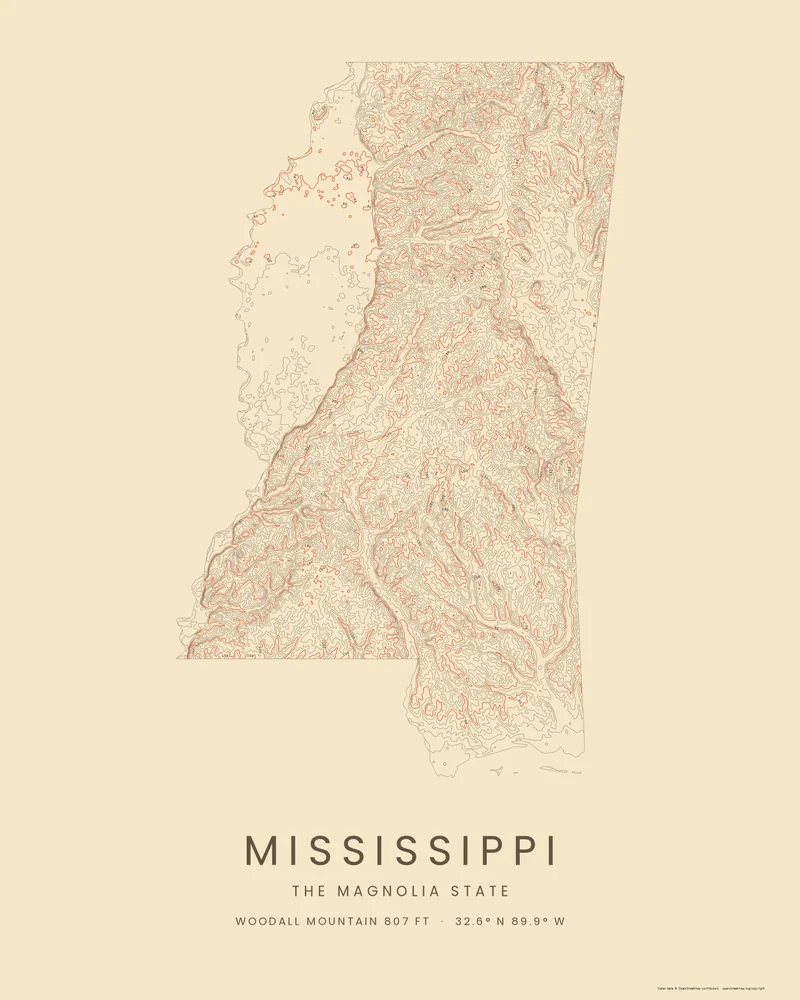 Mississippi state outline rendered as a Contours poster, an empty flat Delta beside hills full of rings