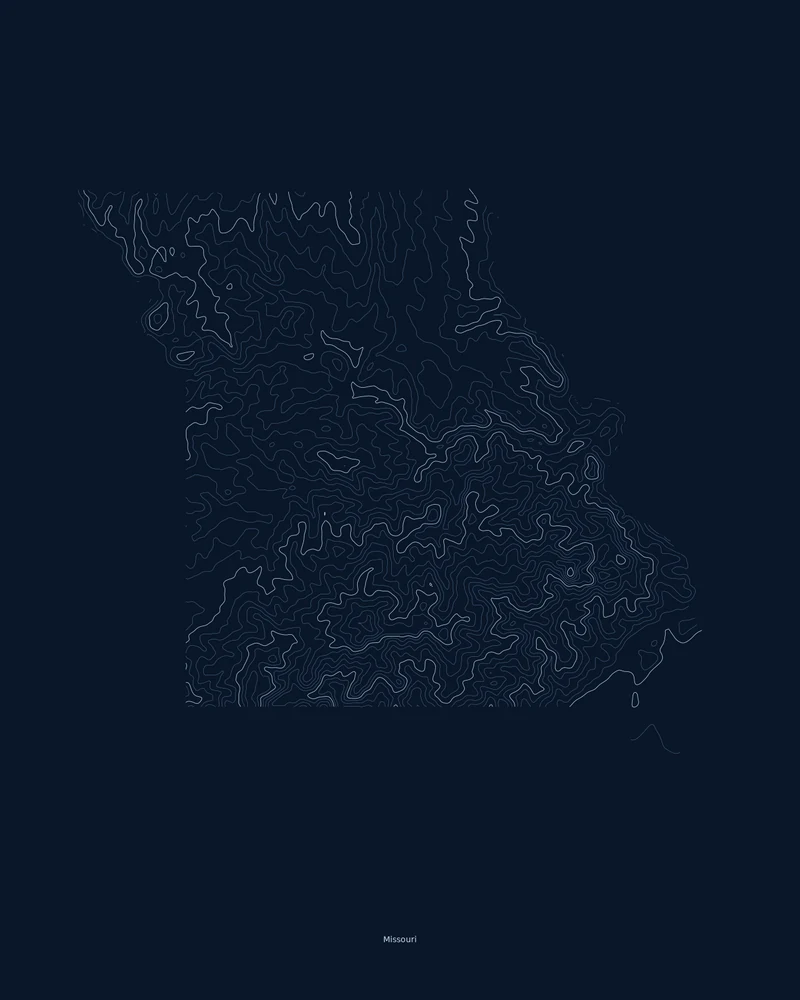 Missouri state outline rendered as a Contours poster, dense in the Ozarks and nearly empty in the Bootheel