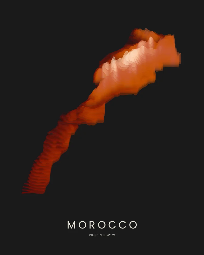 Morocco rendered as a Strata poster, the Atlas Mountains rising in light elevation bands