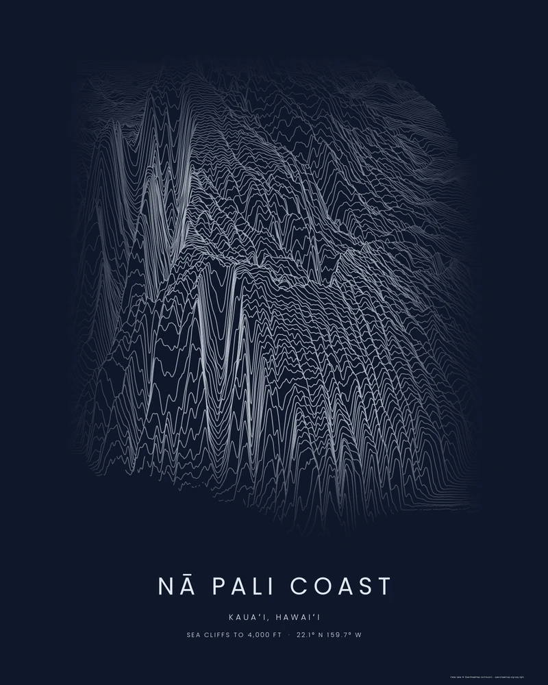 Nā Pali Coast rendered as a Ridgeline poster, fluted ridges rising from the sea in fine lines