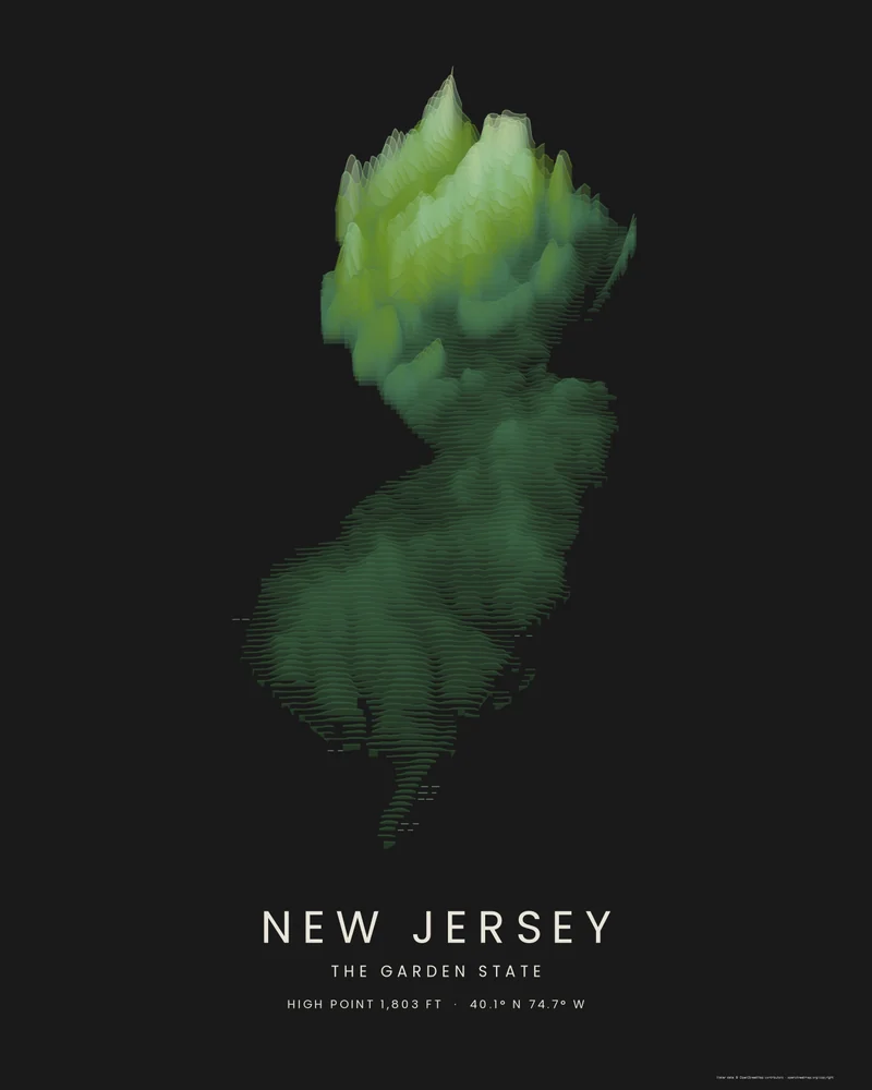New Jersey state outline rendered as a Strata poster, pale ridges in the north fading to dark coastal plain