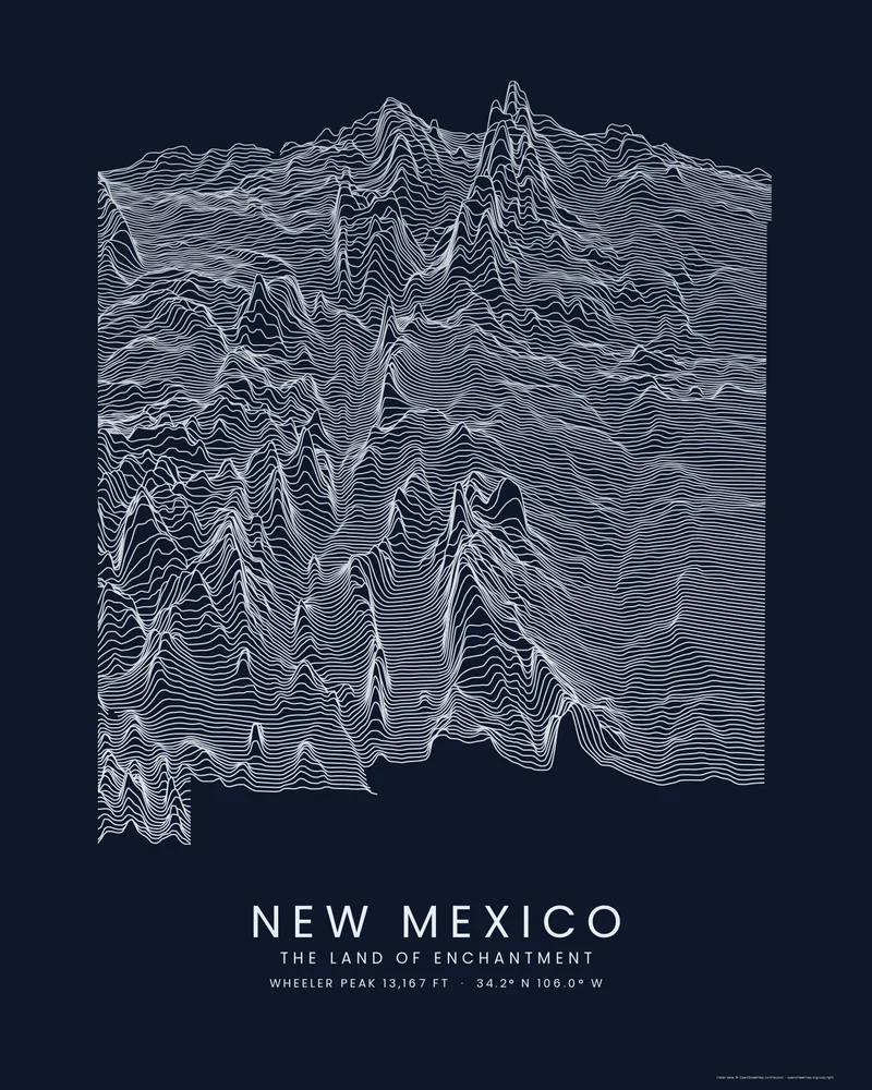 New Mexico state outline rendered as a Ridgeline poster, light profiles rising into the northern mountains