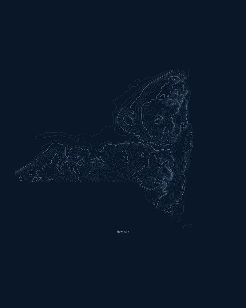 New York State outline rendered as a Contours poster with dense rings around the Adirondacks and Catskills
