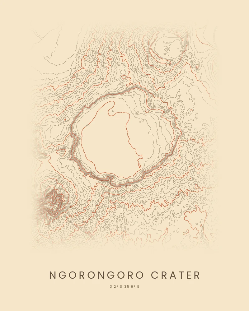 Ngorongoro Crater rendered as a Contours poster, a tight ring of lines around the open crater floor