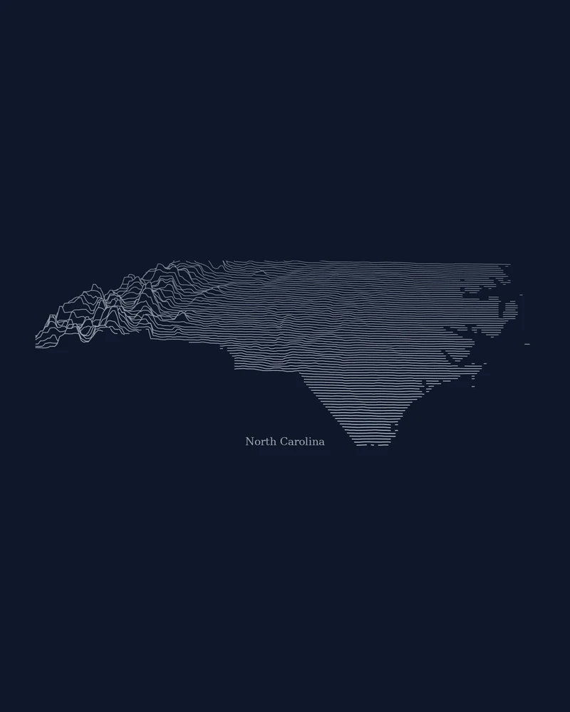 North Carolina state outline rendered as a Ridgeline poster with mountain crests at its western end
