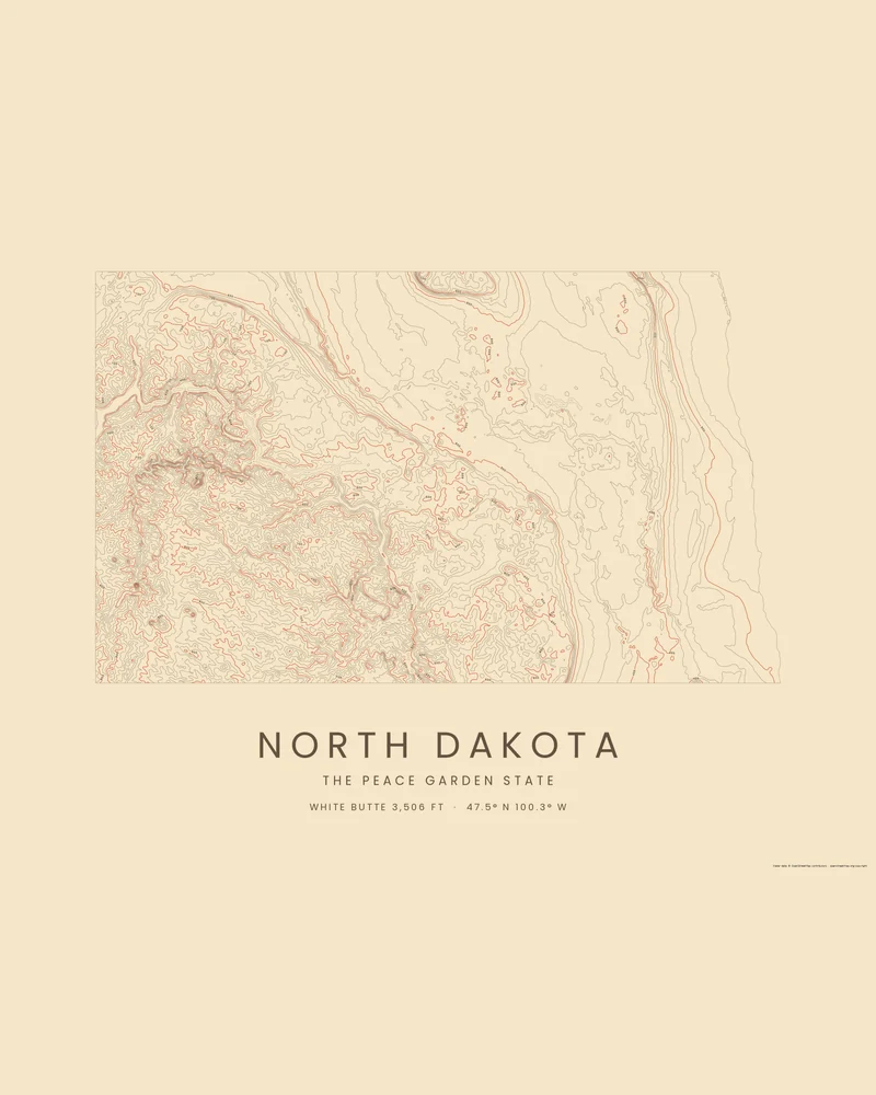 North Dakota state outline rendered as a Contours poster, a blank eastern valley and intricate rings in the southwest