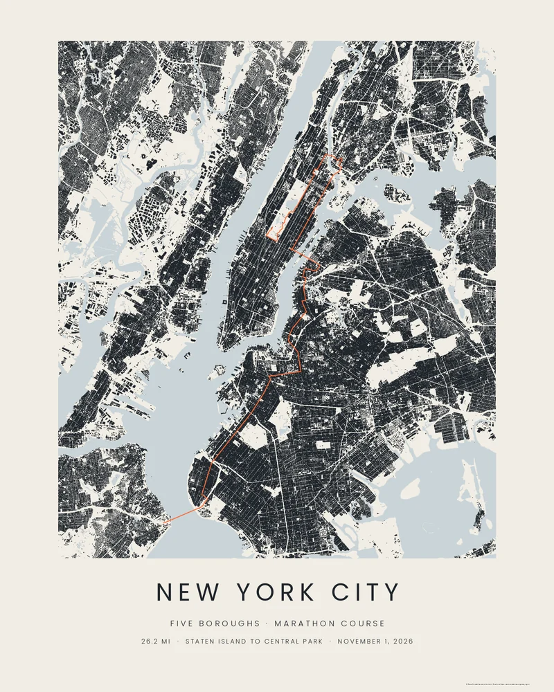 The New York City Marathon course as a Footprints City poster: every building in the five boroughs in ink, the 26.2-mile course in orange from Staten Island to Central Park