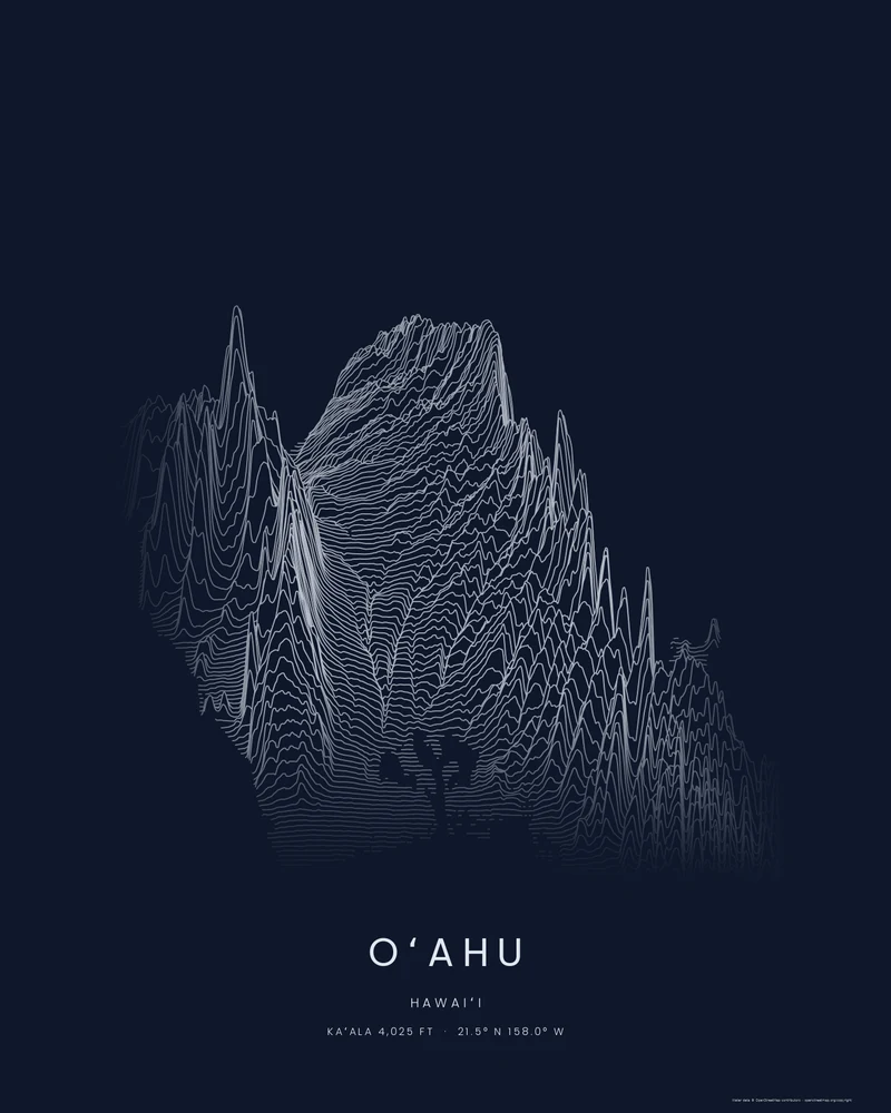Oʻahu rendered as a Ridgeline poster, the Waiʻanae and Koʻolau ranges rising as stacked profiles