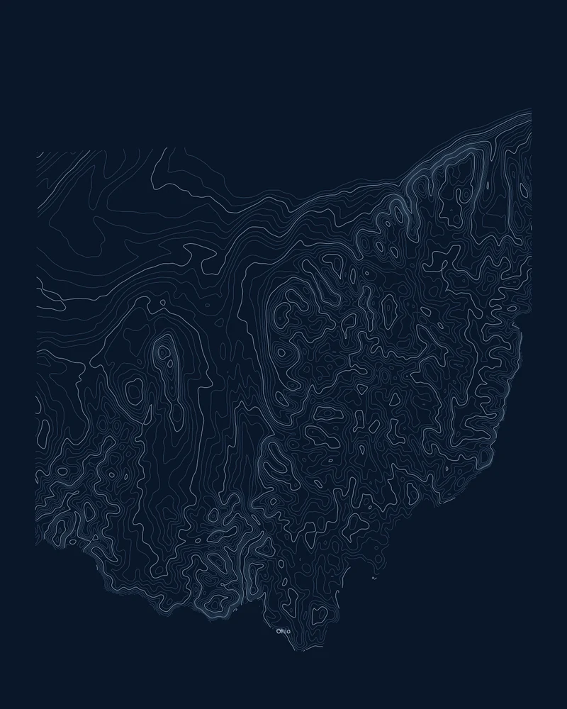 Ohio state outline rendered as a Contours poster, open in the northwest and dense in the southeast