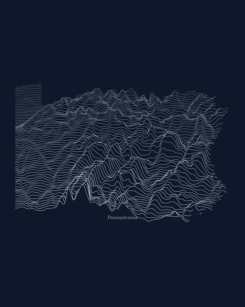 Pennsylvania state outline rendered as a Ridgeline poster with the folded ridges of the Ridge and Valley