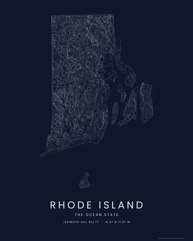 Rhode Island state outline rendered as a Contours poster, the bay's islands and Block Island drawn in fine rings