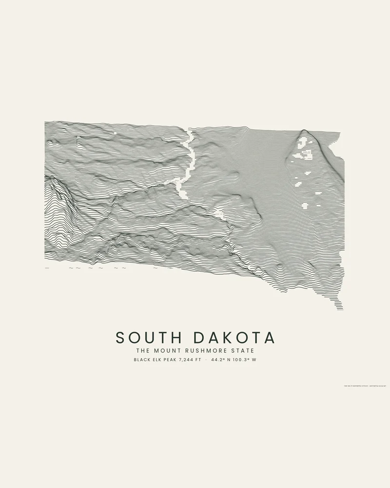 South Dakota state outline rendered as a Ridgeline poster, the Missouri River a blank channel through stacked profiles