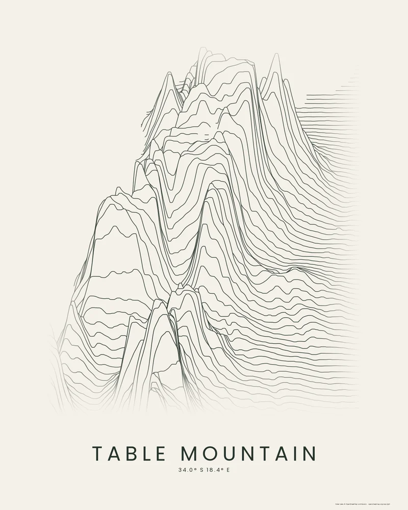 Table Mountain rendered as a Ridgeline poster, the flat summit rising above Cape Town in stacked elevation profiles