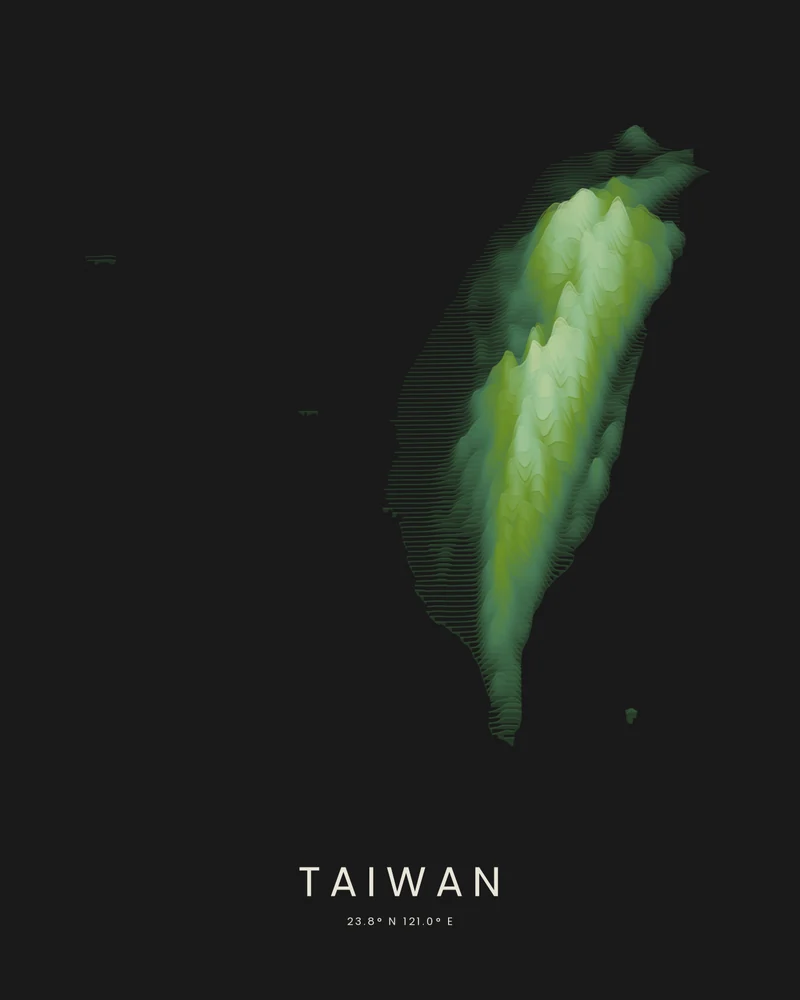 Taiwan rendered as a Strata poster, the Central Mountain Range rising in light elevation bands