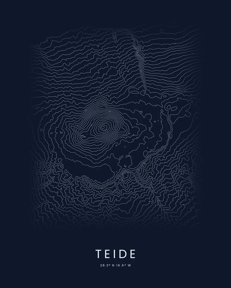 Teide rendered as a Contours poster, tight rings around the summit cone inside the caldera