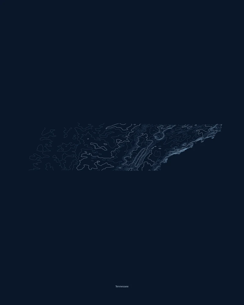 Tennessee state outline rendered as a Contours poster, a thin band with dense ridges in the east