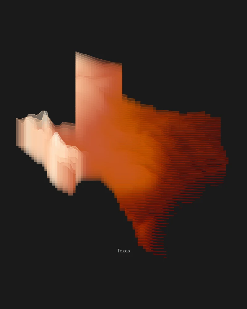 Texas state outline rendered as a Strata poster with sandstone bands rising toward the west