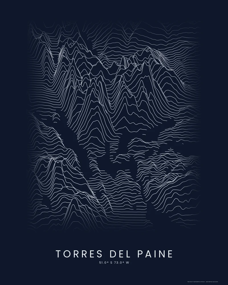 Torres del Paine rendered as a Ridgeline poster, the Paine massif rising in stacked elevation profiles
