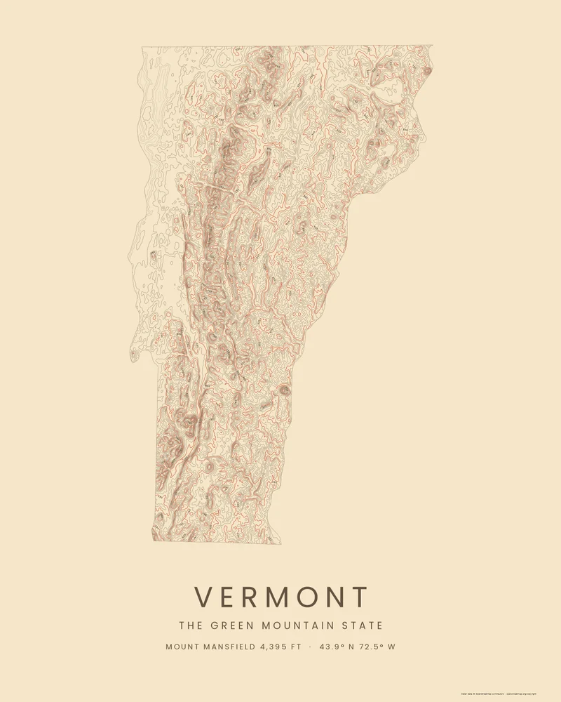 Vermont state outline rendered as a Contours poster with a dense spine of rings down the Green Mountains