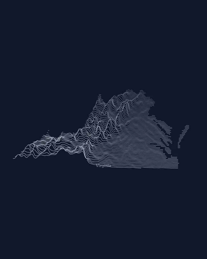 Virginia state outline rendered as a Ridgeline poster with mountain crests in the west and flat lines toward the coast