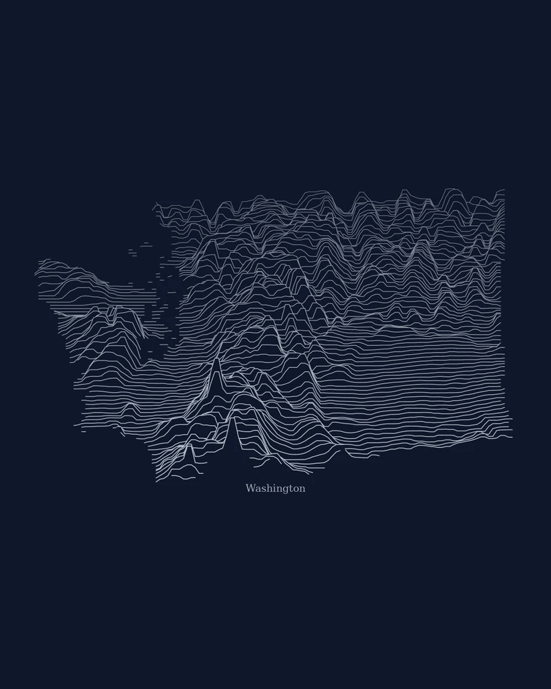 Umriss des Bundesstaats Washington als Ridgeline-Poster, in dem Mount Rainier und die Kaskadenkette hervortreten