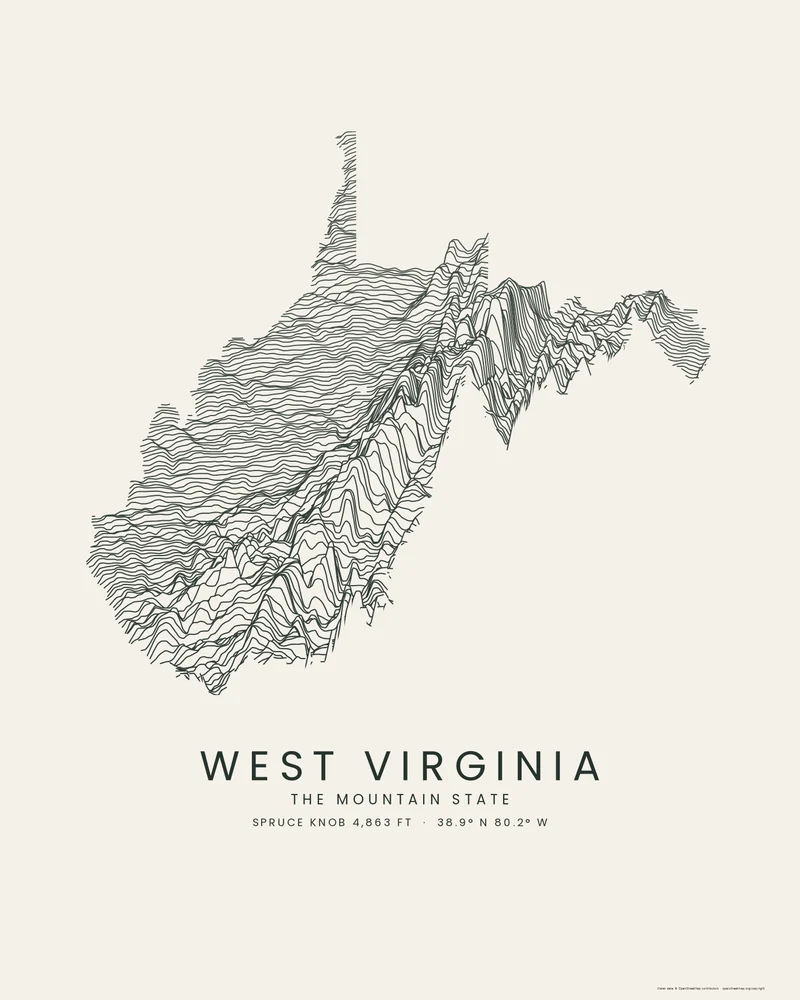 West Virginia state outline rendered as a Ridgeline poster, jagged profiles filling the plateau below the eastern ridges