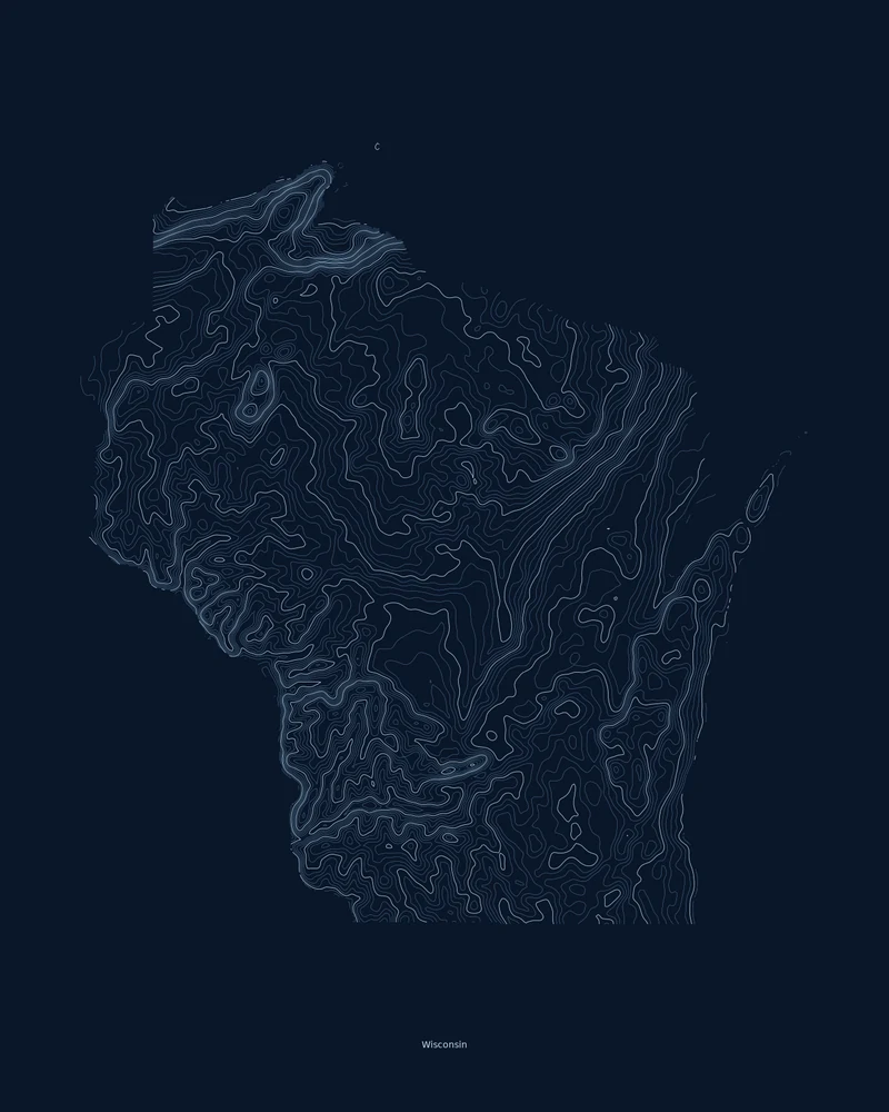 Wisconsin state outline rendered as a Contours poster with dense, branching lines in the Driftless Area