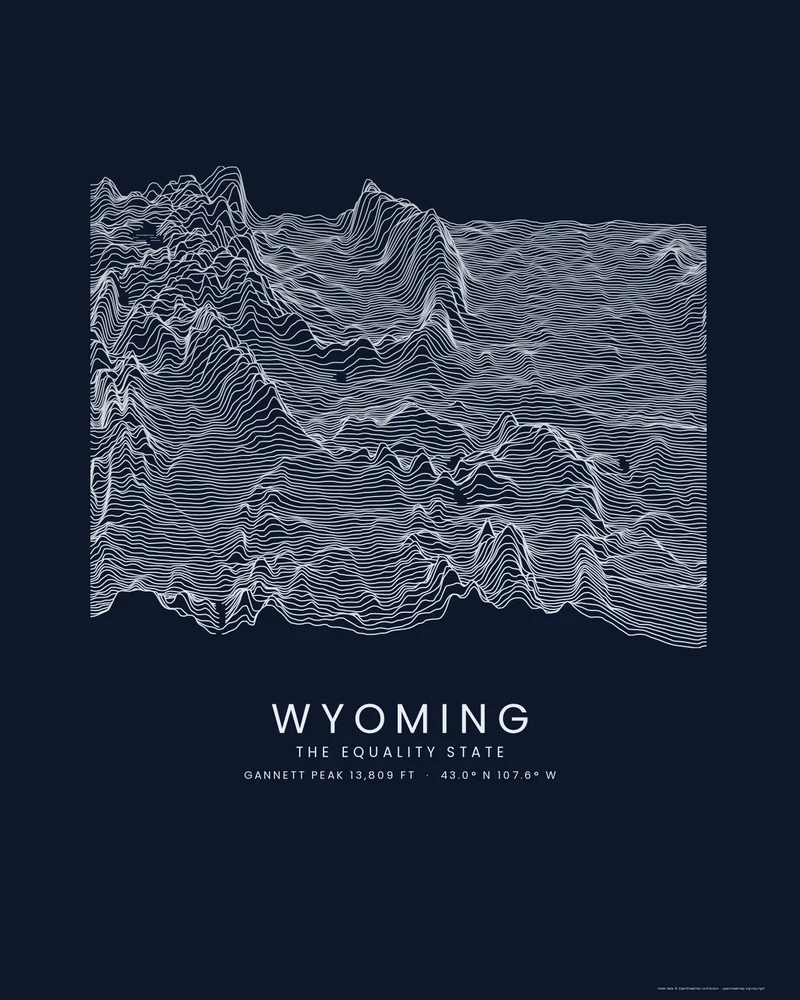 Wyoming state outline rendered as a Ridgeline poster, light profiles rising into ranges across a dark sheet