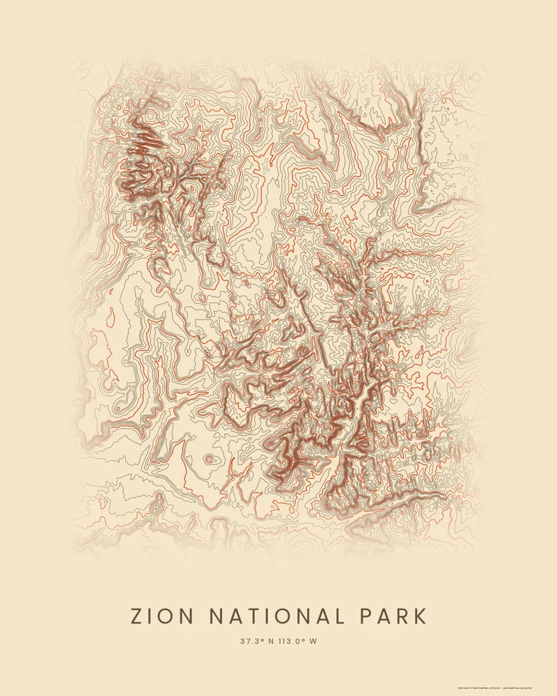 Zion National Park rendered as a Contours poster, dense dark lines tracing branching canyons on cream paper