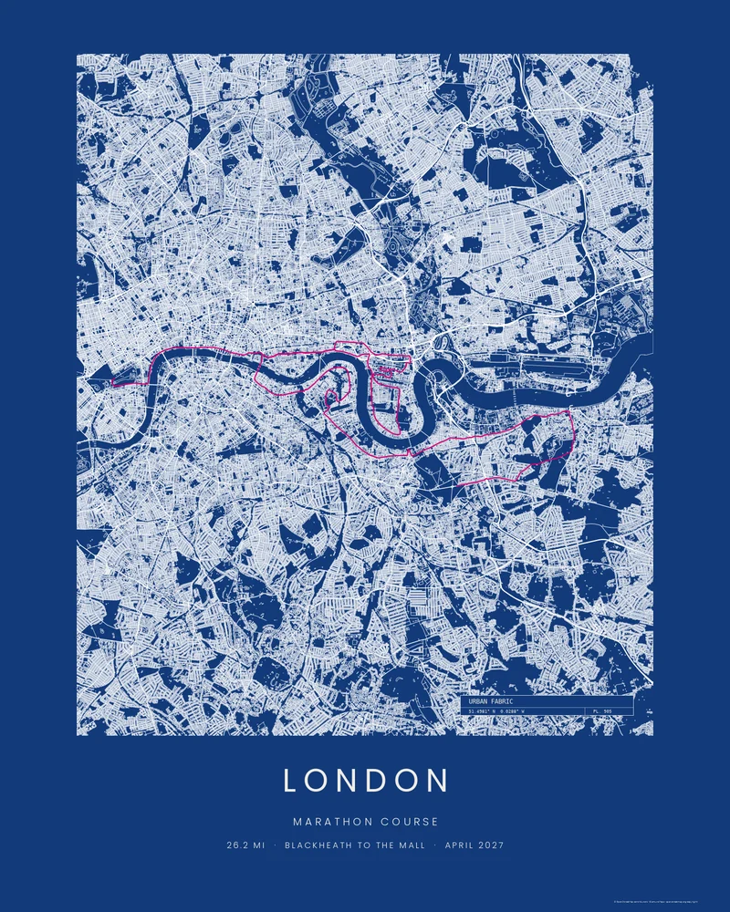 The London Marathon course as a Blueprint City poster