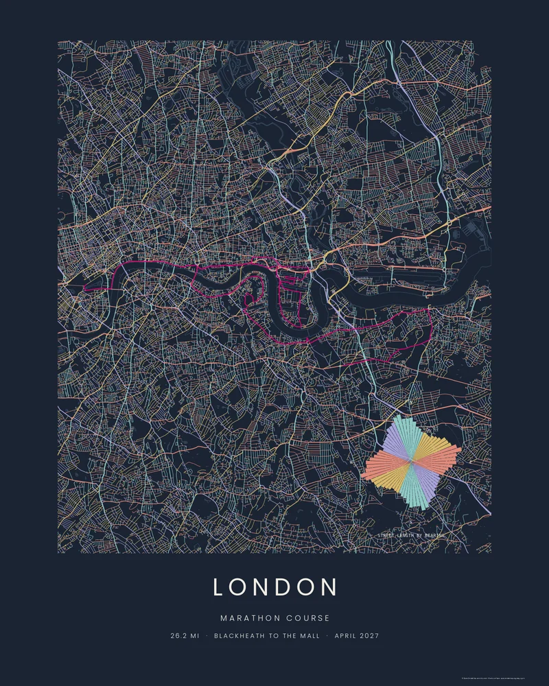 The London Marathon course as a Street Compass City poster