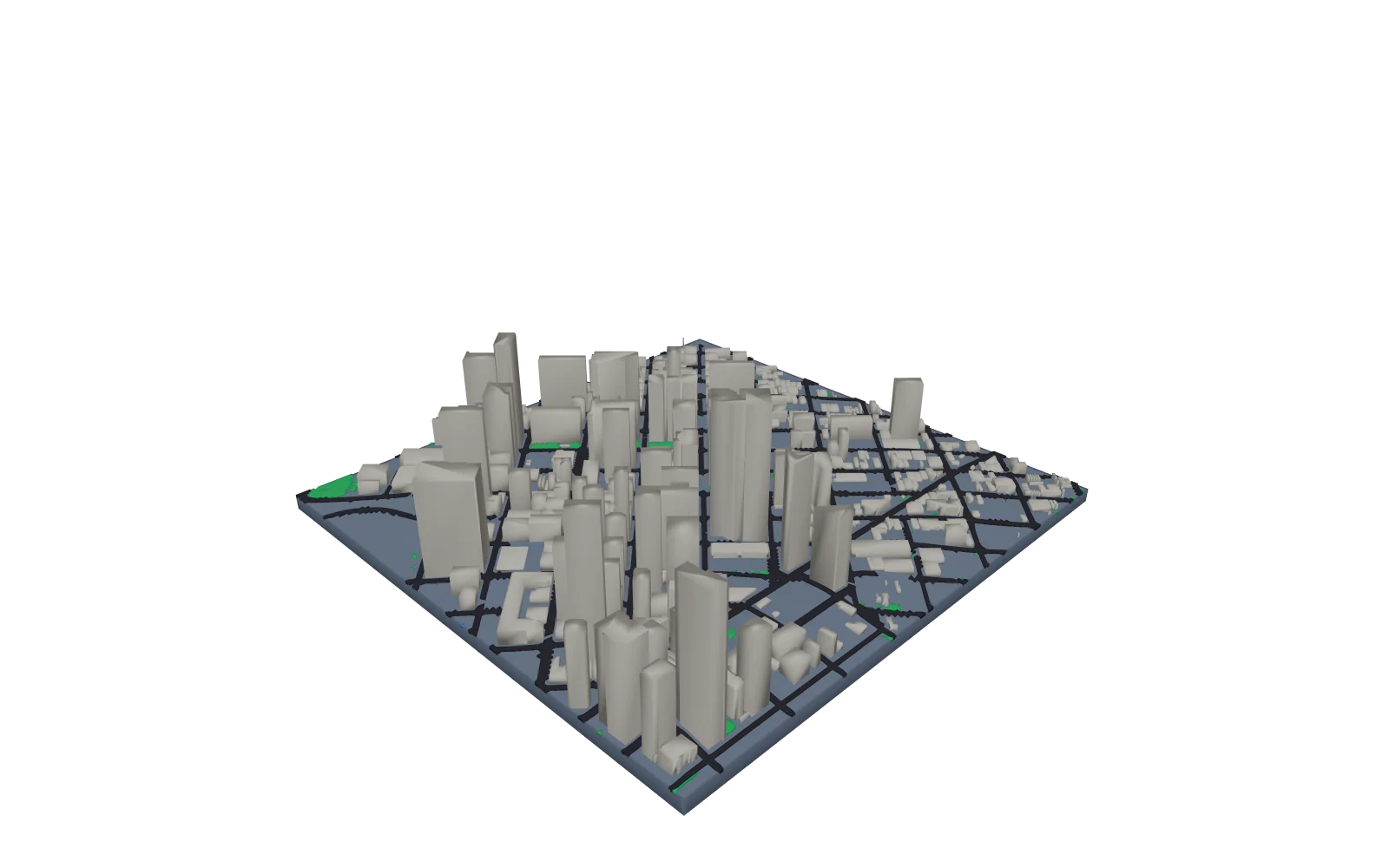 Modelo 3D del centro de Denver con edificios, calles y parques sobre una base cuadrada