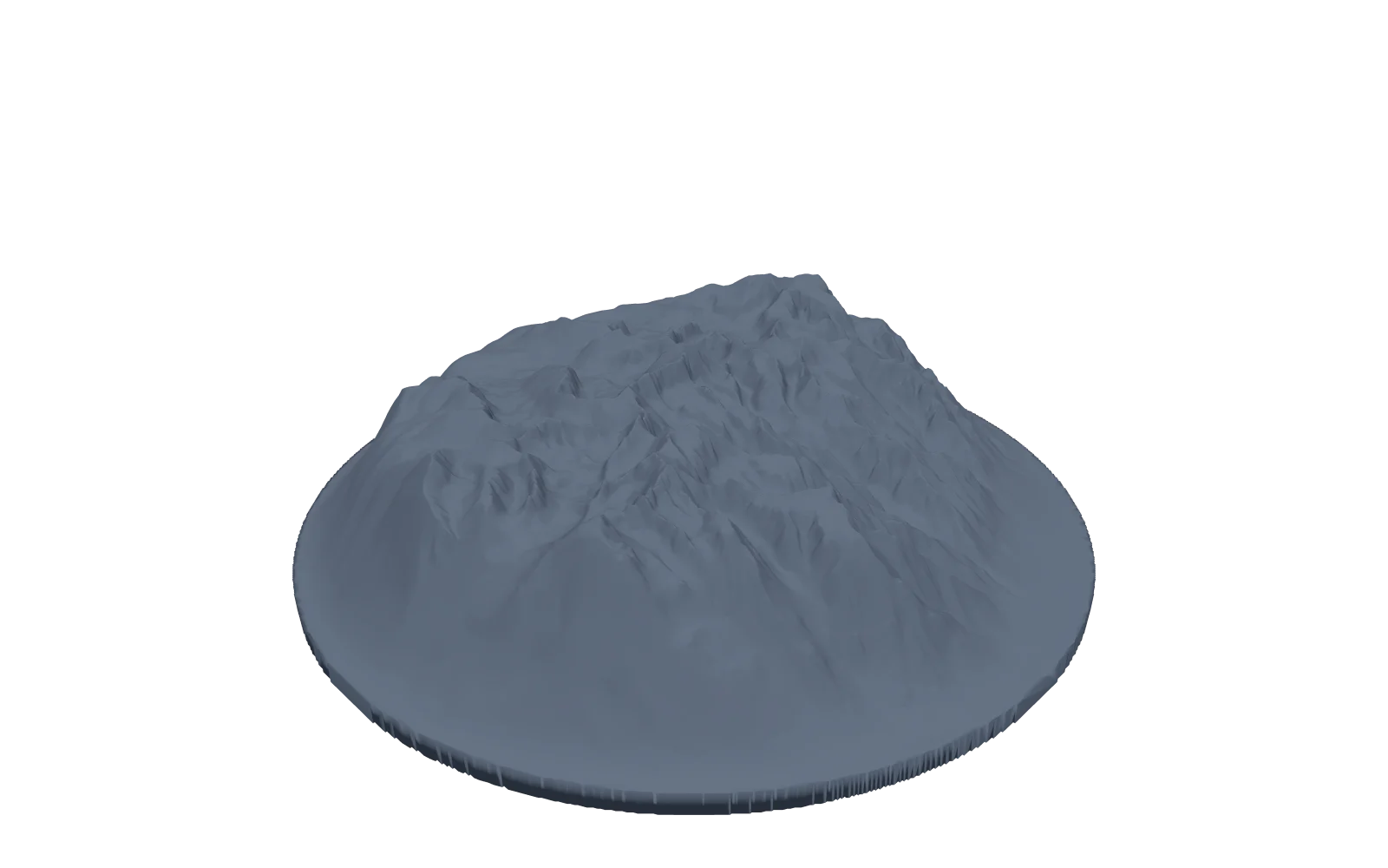 3D-printable terrain model of a mountain range on a round base