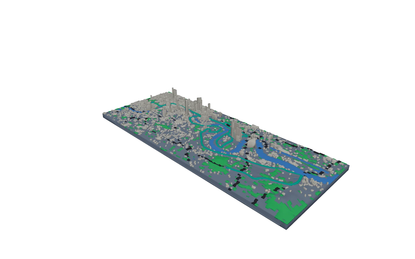 3D city model of the London Marathon course: the Thames in blue, the towers of the City and Canary Wharf beside the magenta course line from Blackheath to The Mall