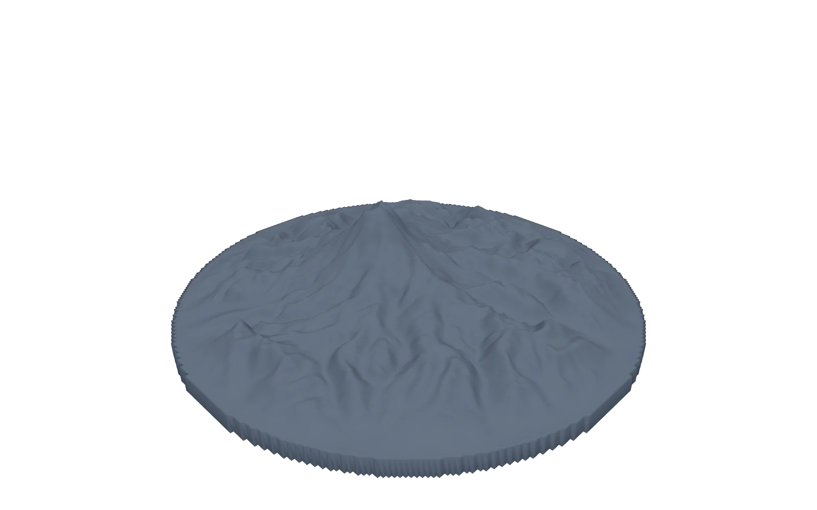 Modelo de terreno 3D del monte Rainier y sus valles glaciares sobre una base redonda