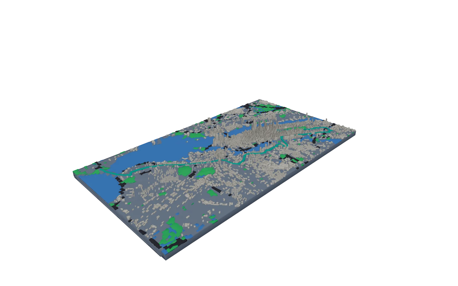 Modelo 3D de la ciudad con el recorrido del maratón de Nueva York: los cinco distritos sobre una misma base, los ríos en azul, las torres de Midtown junto al recorrido y la línea naranja del recorrido de Staten Island a Central Park