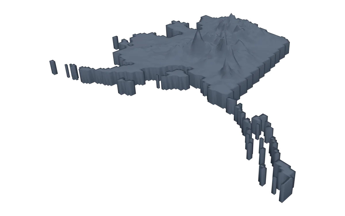 3D terrain model of Alaska cut to the state outline, the Alaska Range rising above the interior