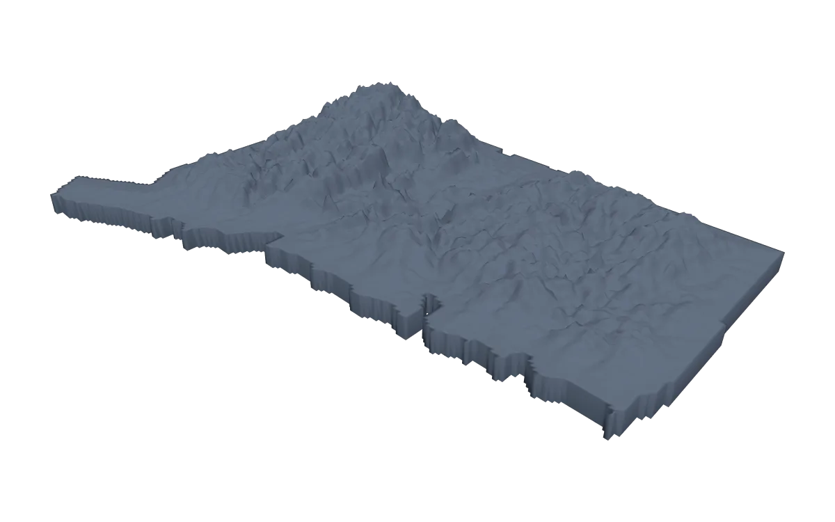 3D terrain model of Connecticut cut to the state outline, hills rising in the northwest