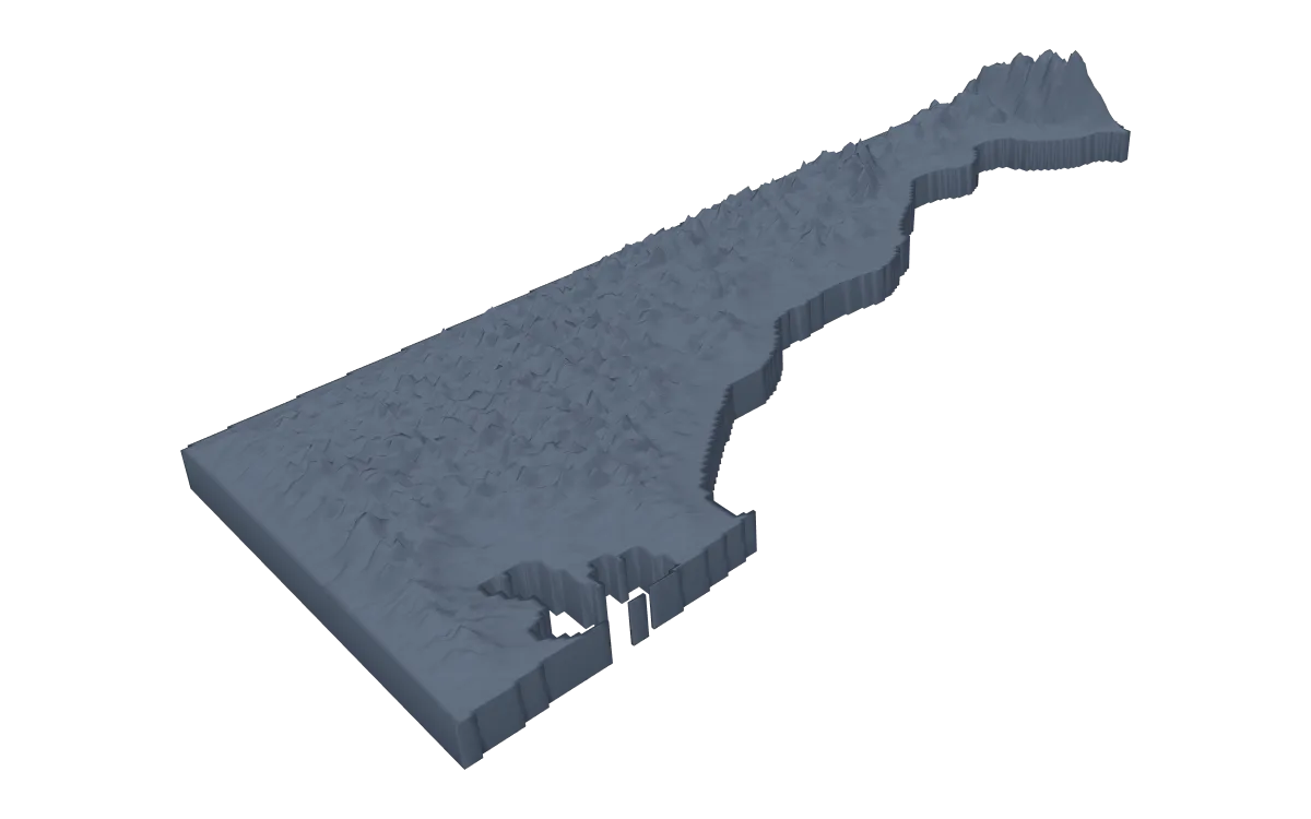 3D terrain model of Delaware cut to the state outline, a long low coastal plain