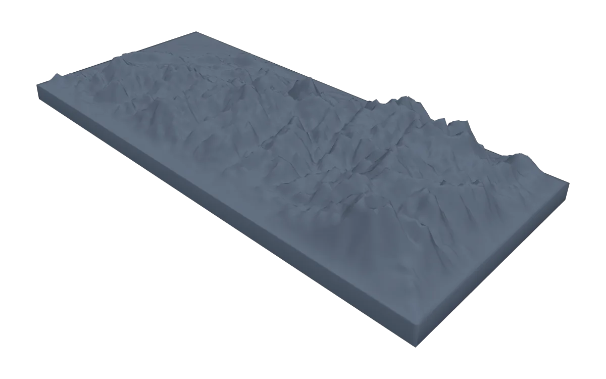 3D terrain model of the Great Smoky Mountains, the main crest running across a rectangular base