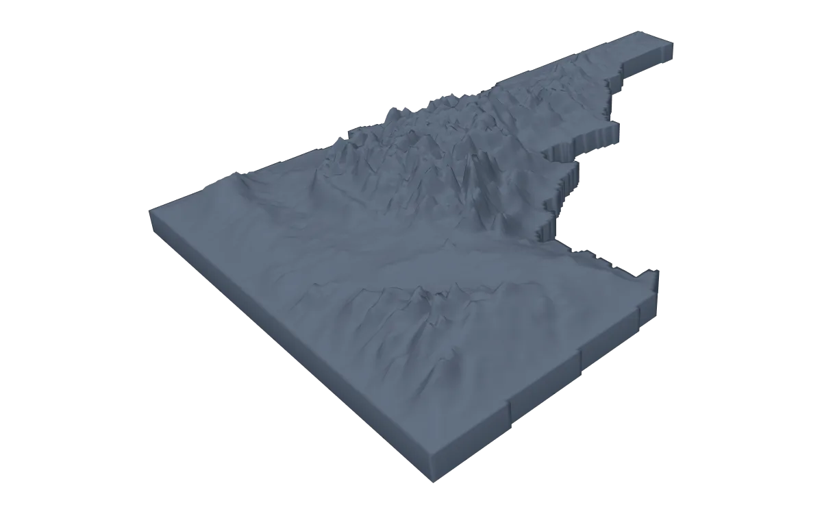 3D terrain model of Idaho cut to the state outline, ranges rising above the Snake River Plain