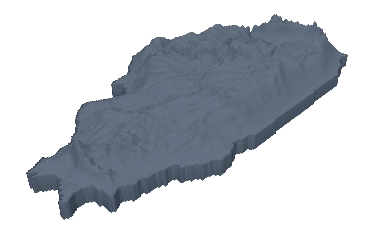 3D terrain model of Illinois cut to the state outline, gentle relief along the river valleys