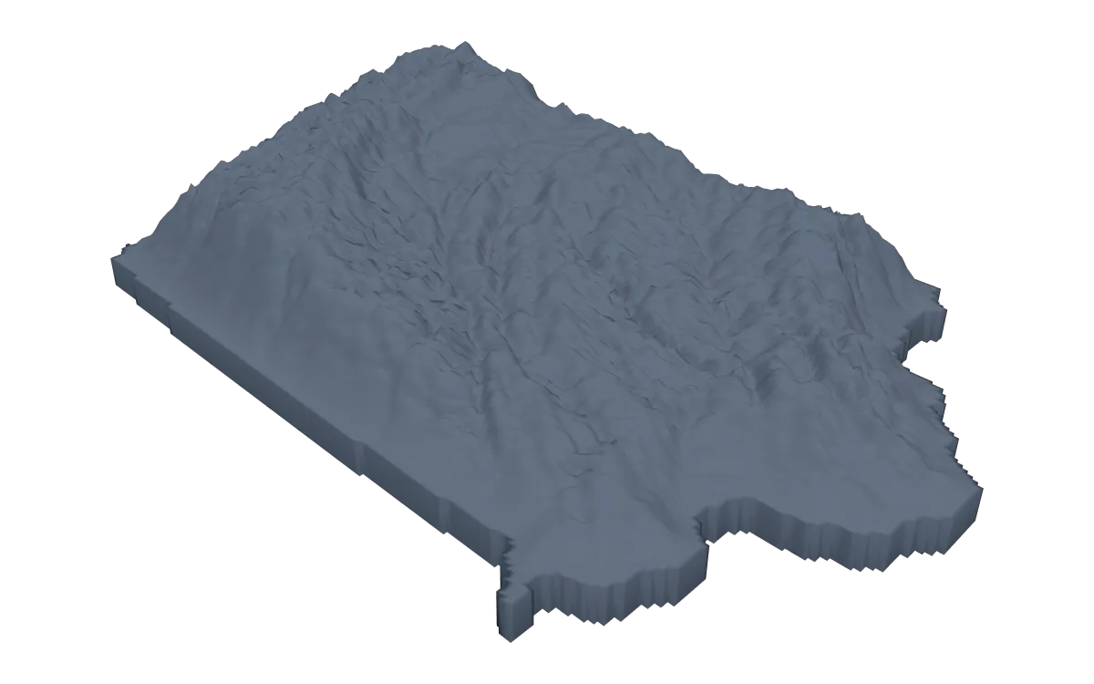 3D terrain model of Iowa cut to the state outline, river valleys across rolling land