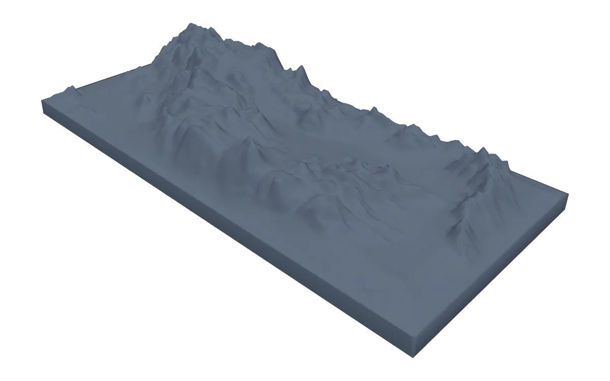 3D terrain model of Joshua Tree National Park's mountains and basins on a rectangular base