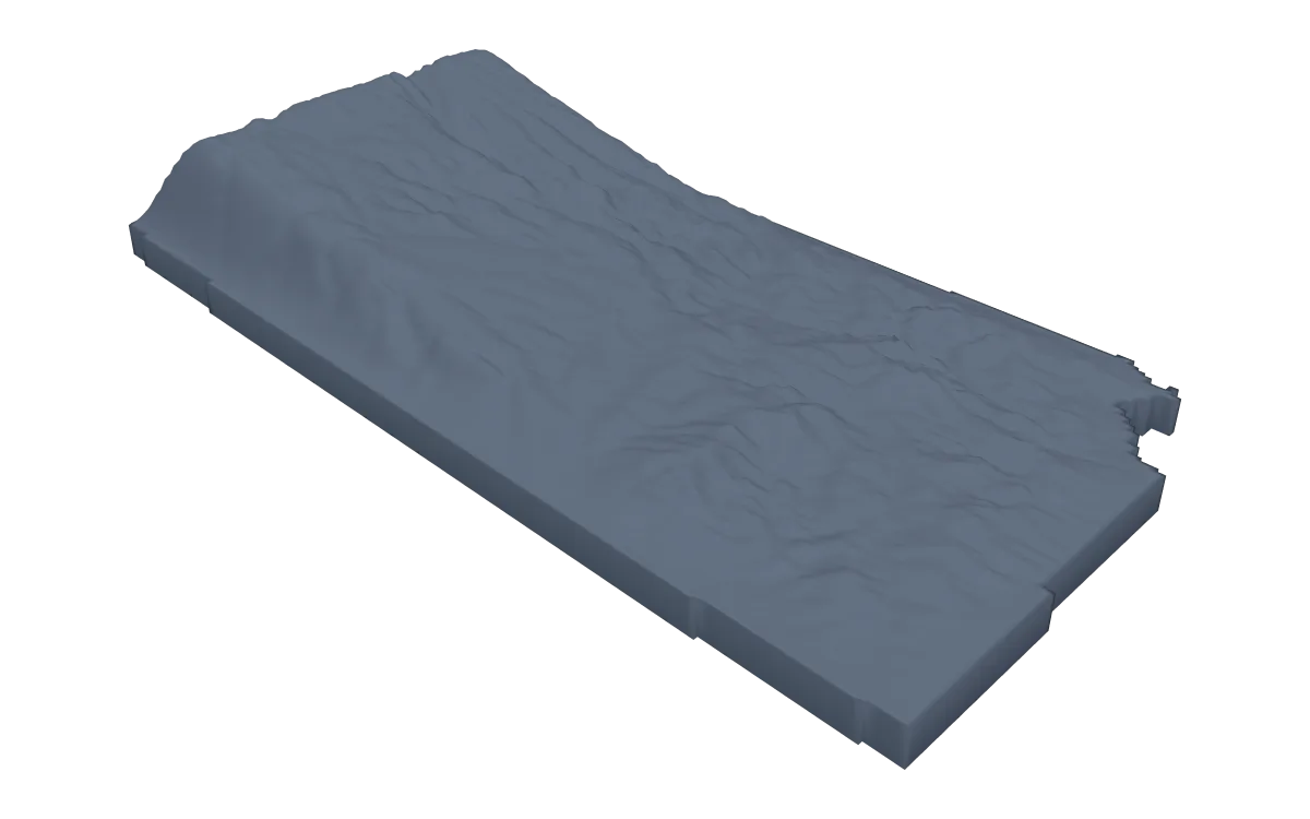 3D terrain model of Kansas cut to the state outline, the plains rising gently to the west