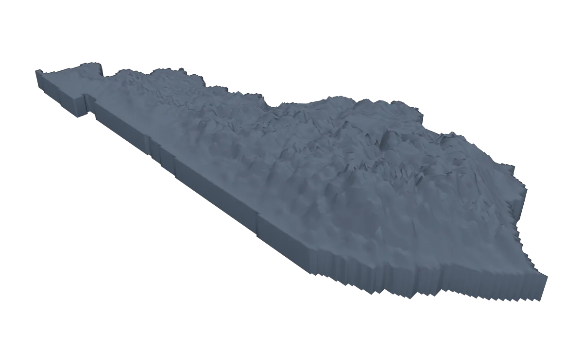 3D terrain model of Kentucky cut to the state outline, ridges rising in the east