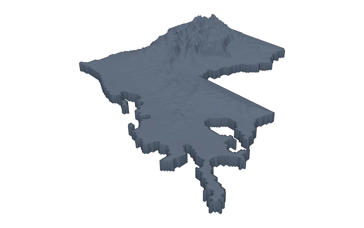 3D terrain model of Louisiana cut to the state outline, low hills in the north and a broken coast