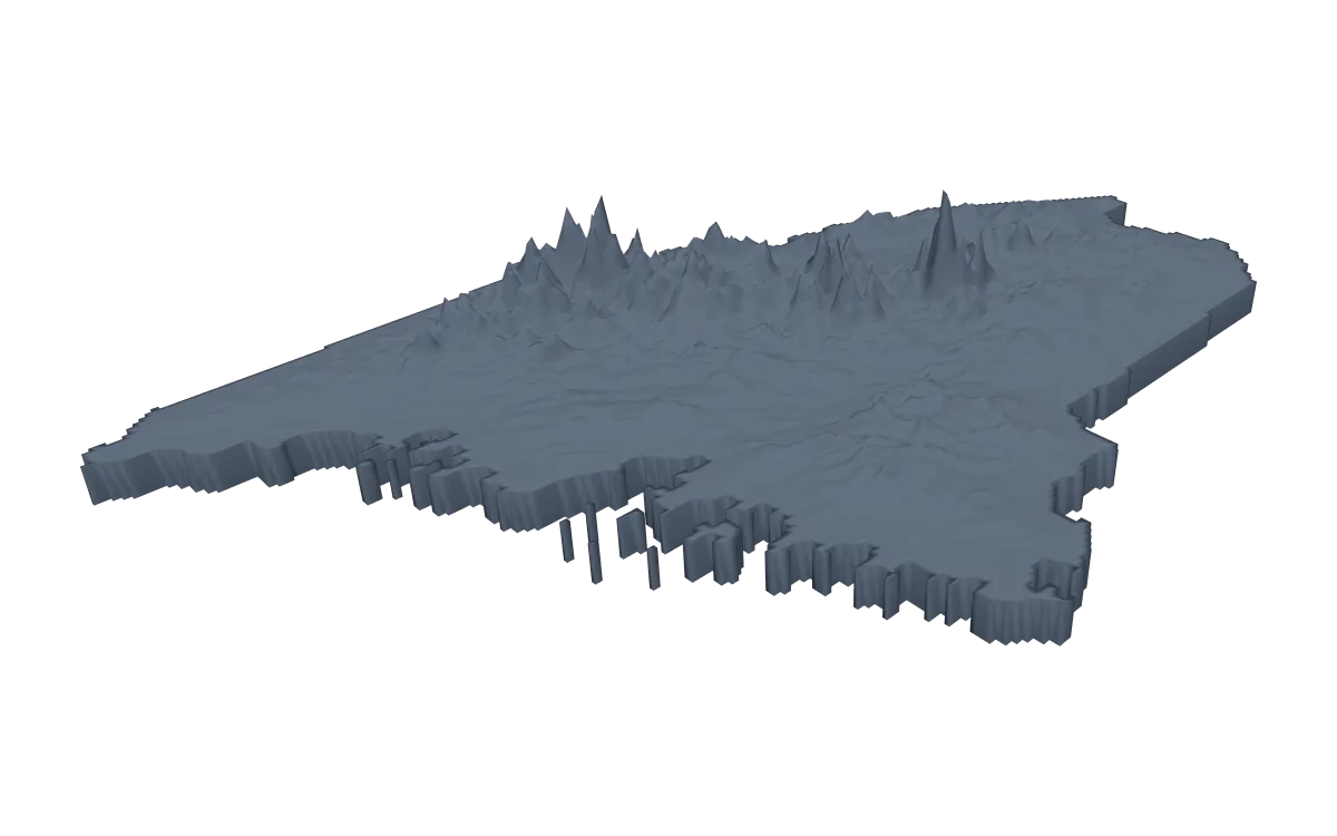 3D terrain model of Maine cut to the state outline, mountains in the west and north