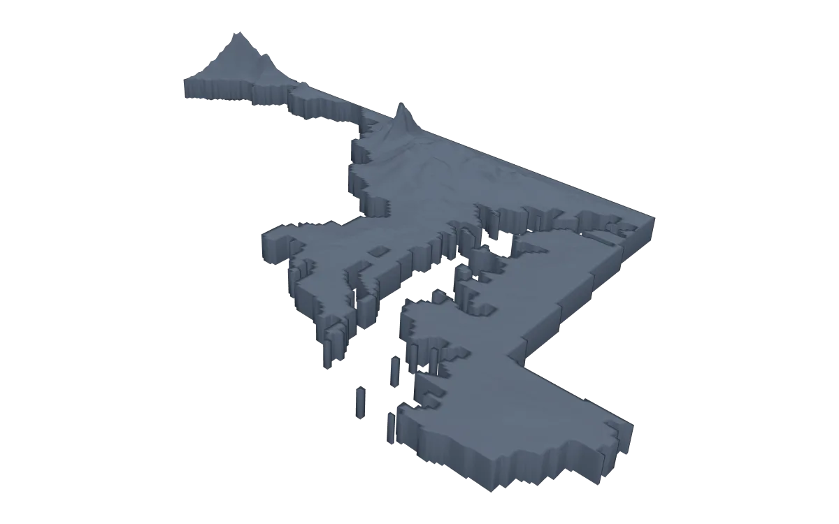 3D terrain model of Maryland cut to the state outline, the bay's inlets and the western ridges