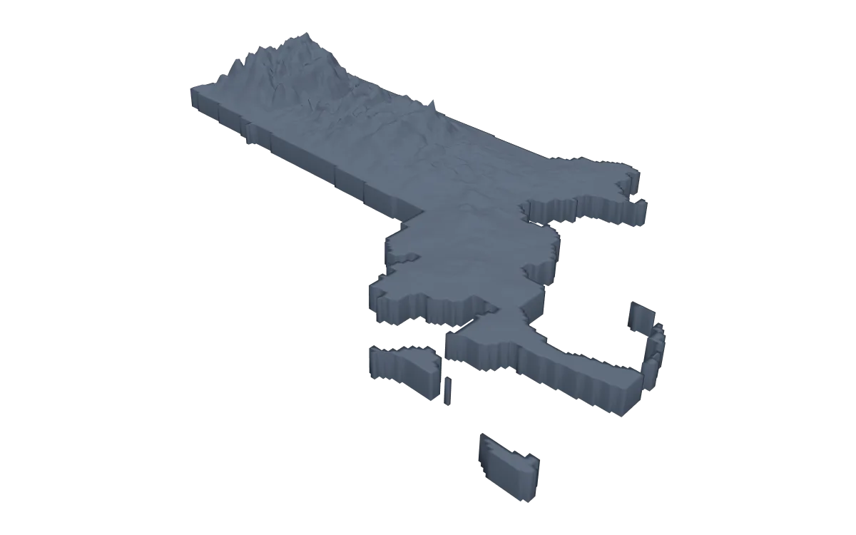 3D terrain model of Massachusetts cut to the state outline, with Cape Cod and the islands